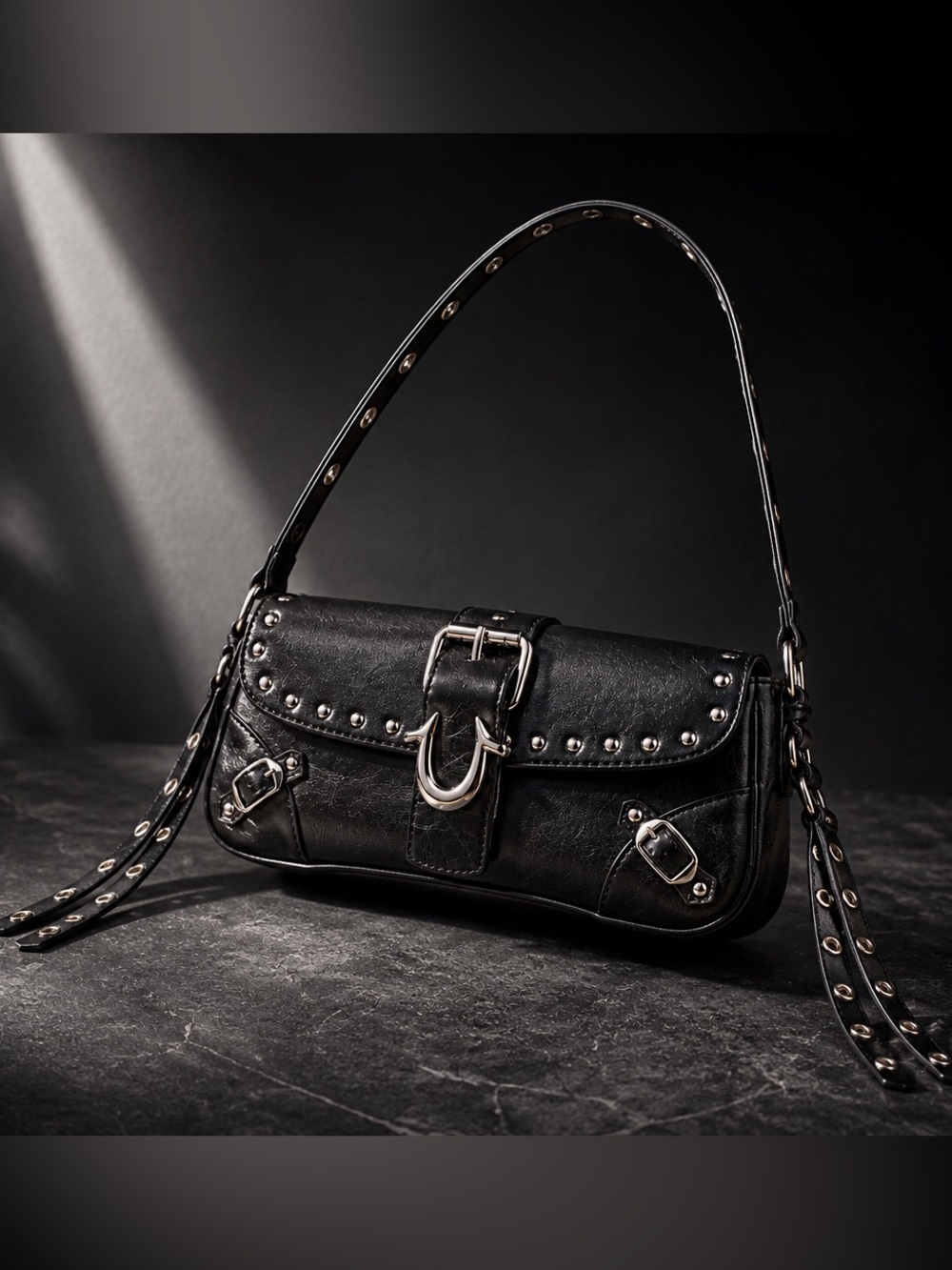 True Religion Horseshoe Tassel Stud Shoulder Bag Black Y2K Rockstar Purse